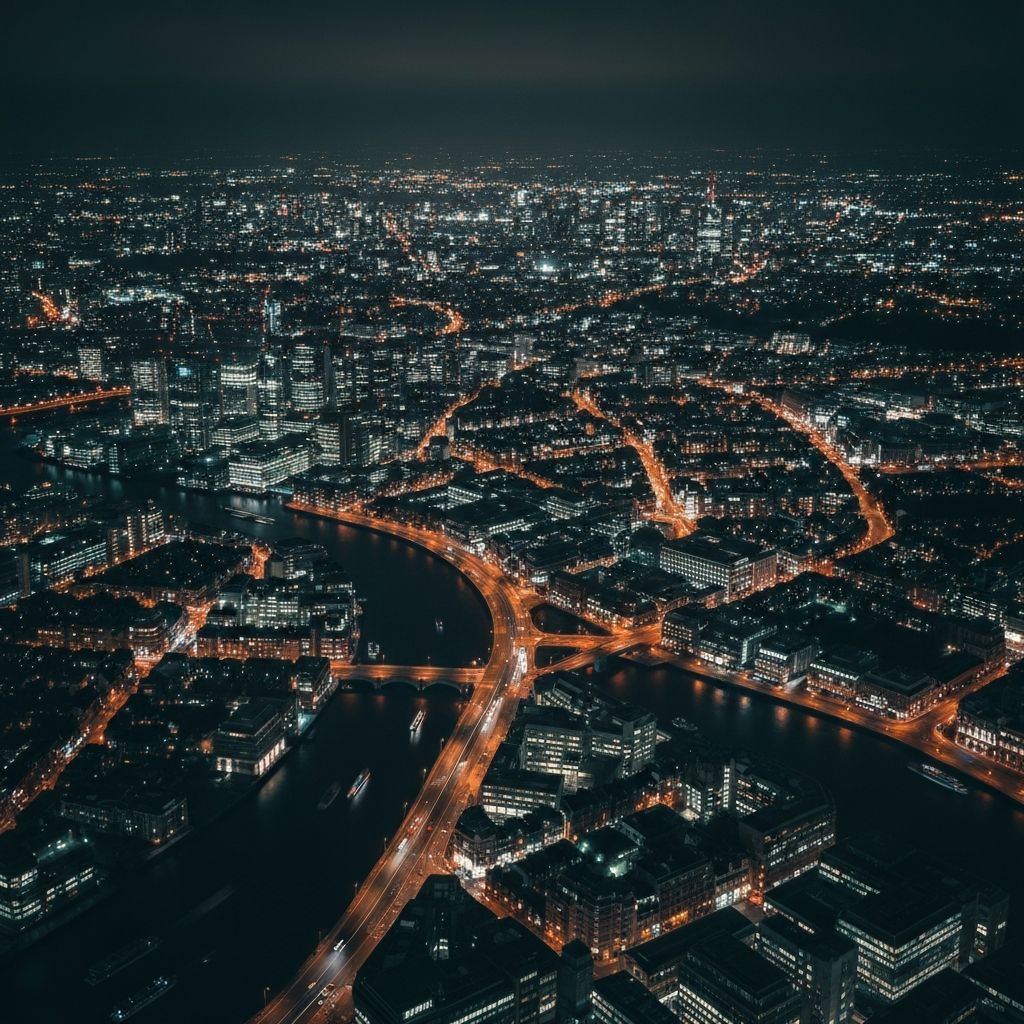 London aerial view at night showing delivery coverage